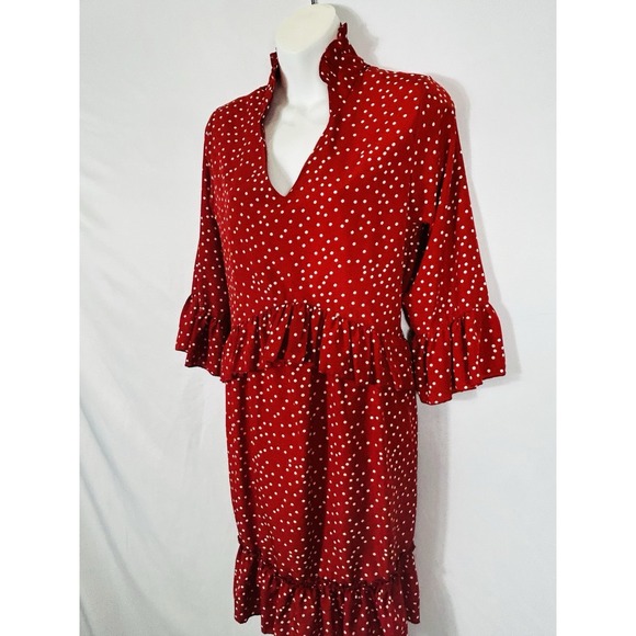 The Unbranded Brand Dresses & Skirts - Unbranded Red Polka Dot Ruffle Tiered Dress Size L Plunge Collar Twee Secretary